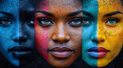 Street mural featuring diverse faces in vibrant colors, artistic representation of unity and racial equality, cultural celebration, 8K high resolution with copy space