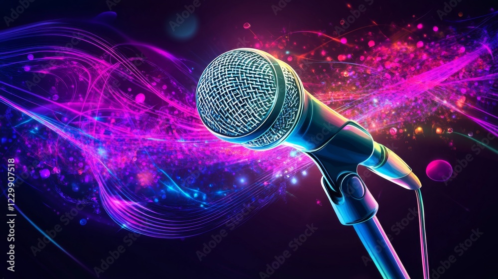 Poster An abstract image of a microphone with swirling colors and lights, creating a vibrant atmosphere that symbolizes energy and creativity in music