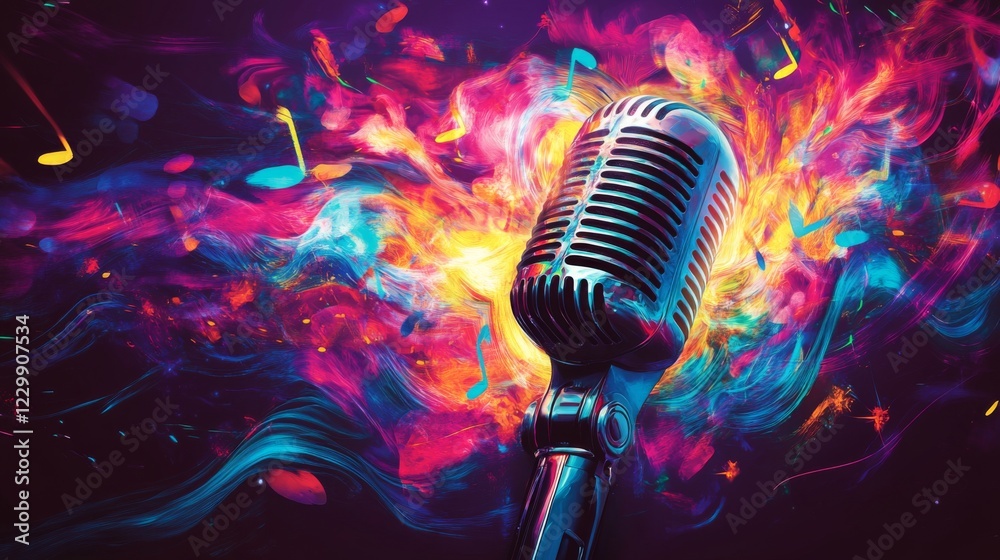 Poster An abstract image of a microphone with swirling colors and lights, creating a vibrant atmosphere that symbolizes energy and creativity in music