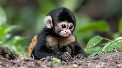 Obraz premium Adorable Baby Monkey in Lush Green Tropical Forest