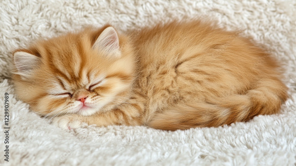 Poster an adorable plump kitten snoozing on a fluffy rug, its tiny belly rising and falling in a gentle rhy
