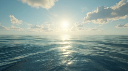 Obraz premium Gentle ripples across a tranquil ocean surface, with faint reflections of clouds and warm sunlight.