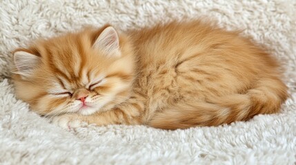 An adorable plump kitten snoozing on a fluffy rug, its tiny belly rising and falling in a gentle rhythm, creating a serene atmosphere