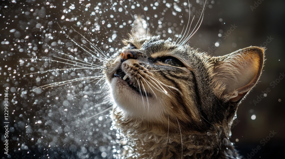Poster an amusing shot of a cat shaking off water after a bath, droplets flying in all directions, capturin