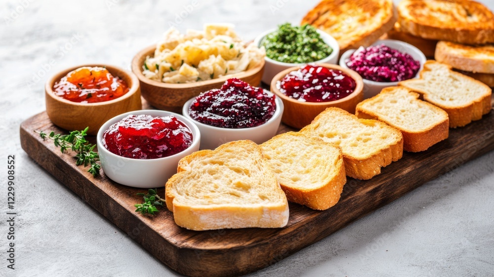 Poster An appealing view of a variety of toasted bread shapes and textures displayed on a wooden board, surrounded by colorful jams and spreads, inviting taste exploration