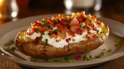 An appealing shot of a loaded baked potato topped with crispy bacon bits, sour cream, and chives, highlighting the deliciousness of this comfort food