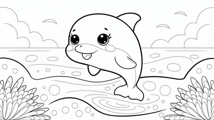 Obraz premium This is a black and white coloring page illustration featuring a cute, smiling dolphin swimming in the ocean. The playful character and simple design make it perfect for children's coloring books, pro