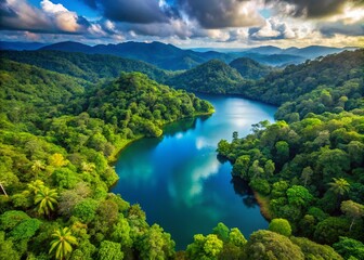 Aerial View Lush Tropical Forest Lake, Exotic Moody Landscape, Drone Photography