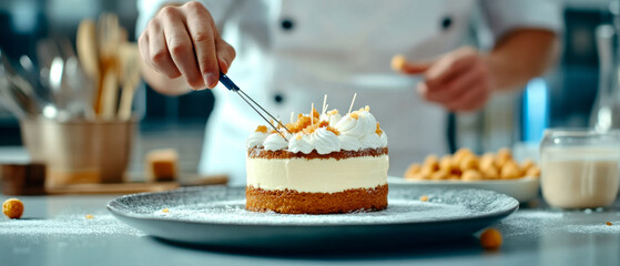 A chef decorates a layered cake with precision, showcasing culinary skills and creativity in a vibrant kitchen setting.