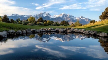 A serene lake reflecting the snow-capped peaks of a nearby mountain range.