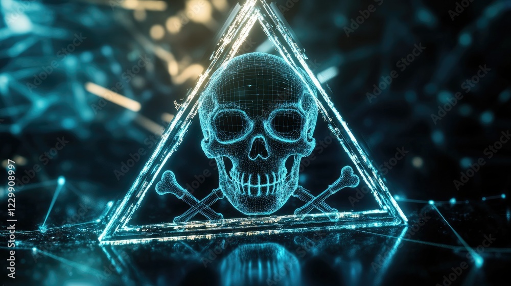 Canvas Prints a digital skull and crossbones inside a warning triangle, symbolizing a cyber threat.