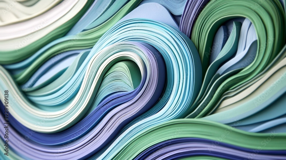 Aufkleber An artistic close-up of flowing, curved lines in shades of blue and green, intertwining and creating a sense of fluidity against a soft gradient background