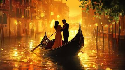 A traditional Venetian gondola glides along a canal at sunset in the romantic Italian city