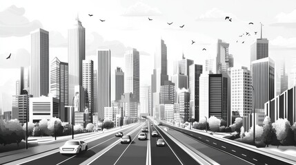 Black and White City Landscape with Urban Skyline and Road