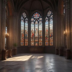 Fototapeta premium Large window in a large church space with artistic details, window, panes, architecture