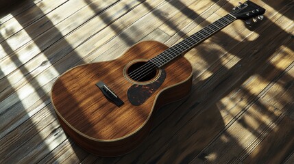 Fototapeta premium Acoustic Guitar on Wooden Floor with Natural Light Shadows