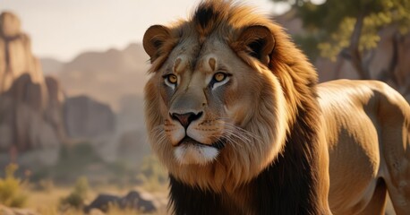 Naklejka premium Lion's fierce gaze surveying its surroundings, lush undergrowth, earthy scents, regal