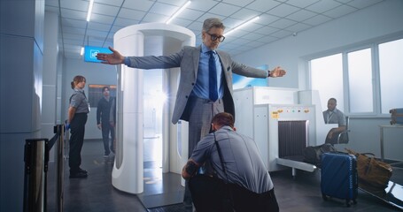 Airport Security Check: Mature Man Passes Through Metal Detector Scanner, Takes Bag from Conveyor...