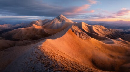 Fototapeta premium A vast desert landscape with sand dunes glowing under the setting sun