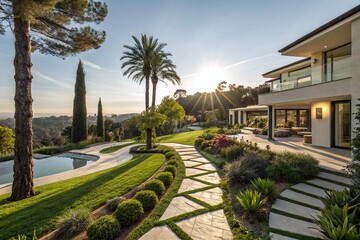Obraz premium Aerial View: Modern Home, Lush Landscape, Pool, Pathways