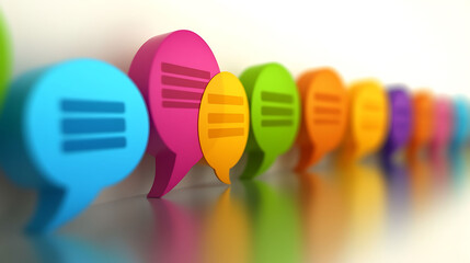Vibrant 3D speech bubbles in a row, showcasing diverse communication.  Ideal for concepts of social media, online chat, teamwork, and collaborative projects.  Clean, modern design.