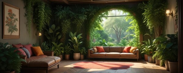 Obraz premium Lush greenery surrounding a central reading nook , overgrown plants, cozy reading spot