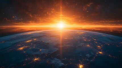 Fototapeta premium Earth with a peaceful atmosphere, where cities and homes have turned off their lights for the planet, 8K high resolution with copy space