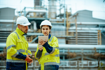 Engineers discuss project details at an industrial site while inspecting machinery and reviewing...