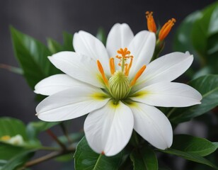 Macro photography of white flower with distinctive orange pistil and green foliage, blossom, lush