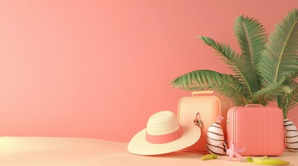 Obraz premium Pastel Suitcases Hat and Palm Leaves Summer Vacation