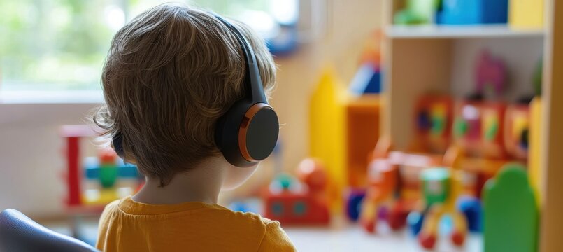 Child Engaged in Speech Therapy Game with Cochlear Implant in Bright Learning Environment