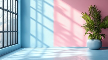 Bright room with pink and blue walls indoor plant minimalist decor natural light modern space