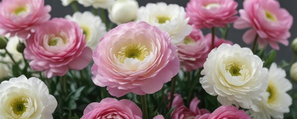 Obraz premium Macro shot of pink and white ranunculus blooms, detail, soft focus