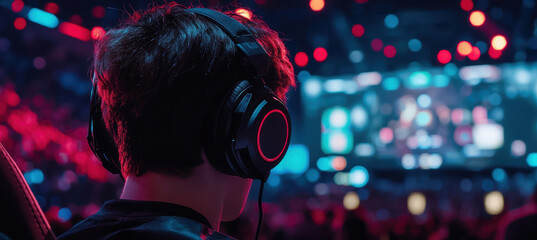 Intense Esports Arena Action: Gamer Communicates During High-Stakes Competition