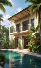 Maison tropicale avec cour et eau dans une aquarelle naturellement color?e, soleil, fleurs