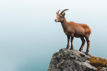 A mountain goat with curved horns stands on a rocky peak, gazing into the distance against a soft, misty sky background