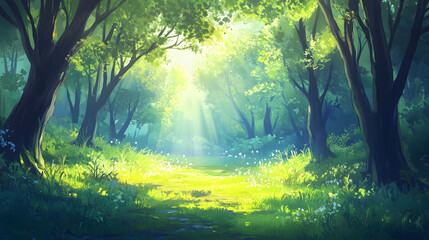 Obraz premium Tranquil Forest Glade Illuminated by Soft Pastel Sunlight During a Peaceful Afternoon. Generative AI