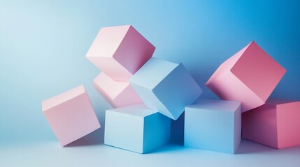 Pastel Cubes Abstract Composition: A Playful Arrangement of Pink and Blue Blocks Against a Soft Blue Background