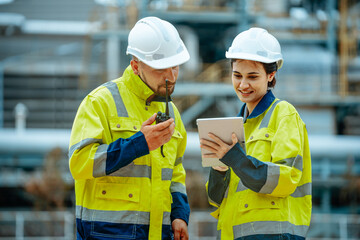 Workers collaborate on a project at an industrial site using a tablet while communicating via radio in bright safety gear
