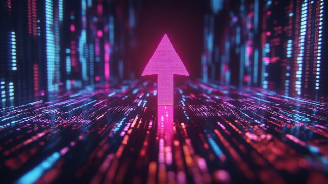 Glowing Red Arrow Pointing Downward with Blurred Data Background in Clean Space