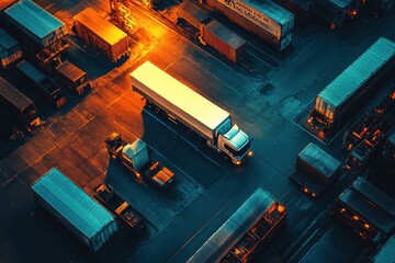 Busy freight yard at sunset with trucks and containers during evening operations