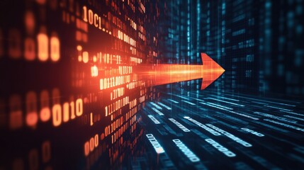 Glowing Red Arrow Pointing Downward on Blurred Stock Data Background