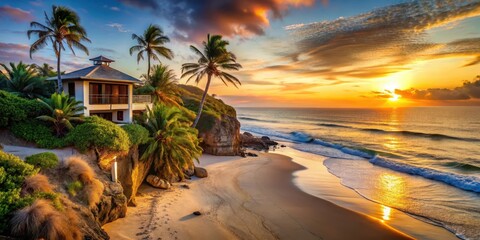 Fototapeta premium A serene beach at sunset with a house situated on a cliff overlooking the sea, surrounded by palm trees and white sand dunes , house, sunset