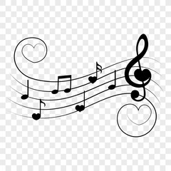 Music notes with heart on wavy lines, vector illustration.