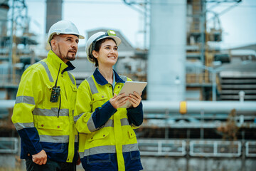 Workers collaborate at industrial site while reviewing plans on tablet during daytime