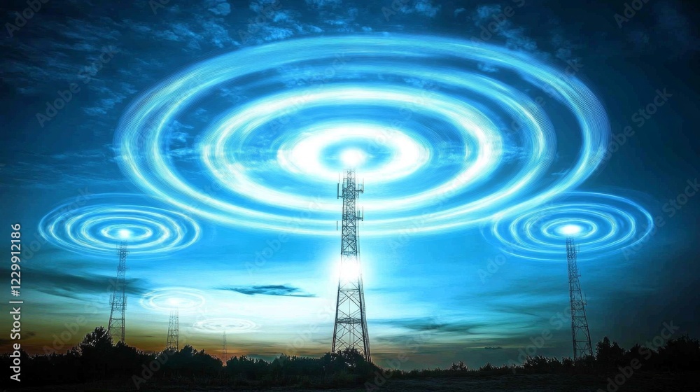 Poster an artistic representation of wireless signals radiating from a cell tower, with a clear blue sky in