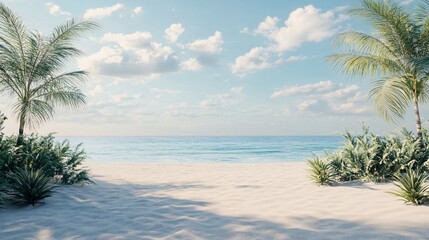 Serene Tropical Beach Scene With Palm Trees And Ocean