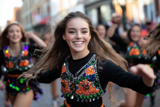 A group of enthusiastic dancers perform an energetic traditional Irish dance, clad in colorful costumes, showcasing cultural heritage and the joy of dance during celebrations.