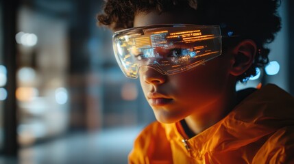 Fototapeta premium Boy wearing futuristic glasses, digital overlay.