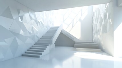 Obraz premium Modern Minimalist Staircase Architecture: Sunlit White Interior Design with Geometric Wall